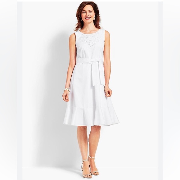 TALBOTS White Embroidered Sateen Fit & Flare Tie Belted Midi Dress Sz 12 - Picture 6 of 14